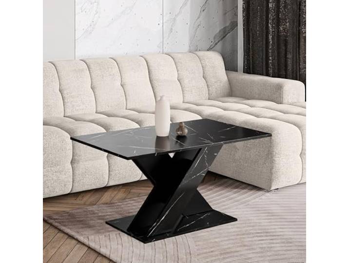 TOXO MINI Couchtisch 110x60 cm Schwarz Marmoroptik, X-Gestell Rechteckiger Wohnzimmertisch 110 x 60 x 50 cm, X-Gestell, moderner Sofatisch