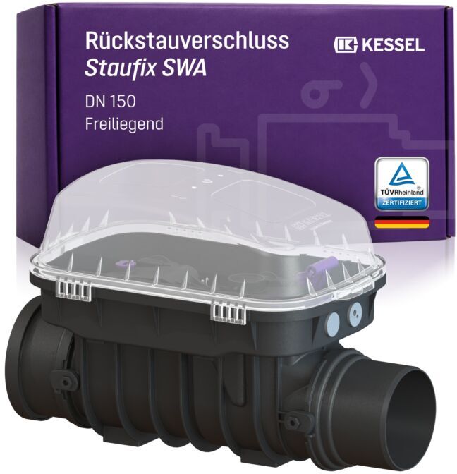KESSEL Rückstauverschluss Staufix SWA DN 150 73150.10 freiliegend, für  fäkalienfreies Abwasser, 2 mechanische Rückstauklappen, Notverschluss, EN  13564