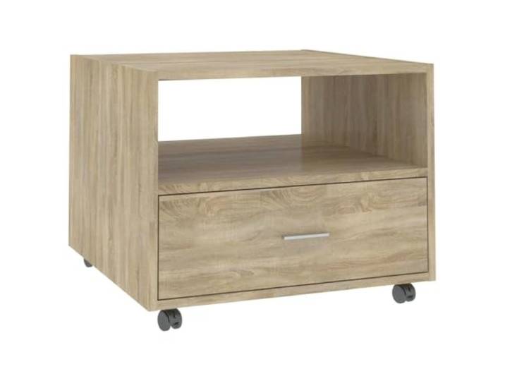 Roanoer Couchtisch mit Rollen Schublade Sonoma-Eiche 55x55x40 cm Mobil im Wohnzimmer nutzbarer Beistelltisch mit Feststellrollen, offenem Fach und einer Schublade fuer Ordnung.