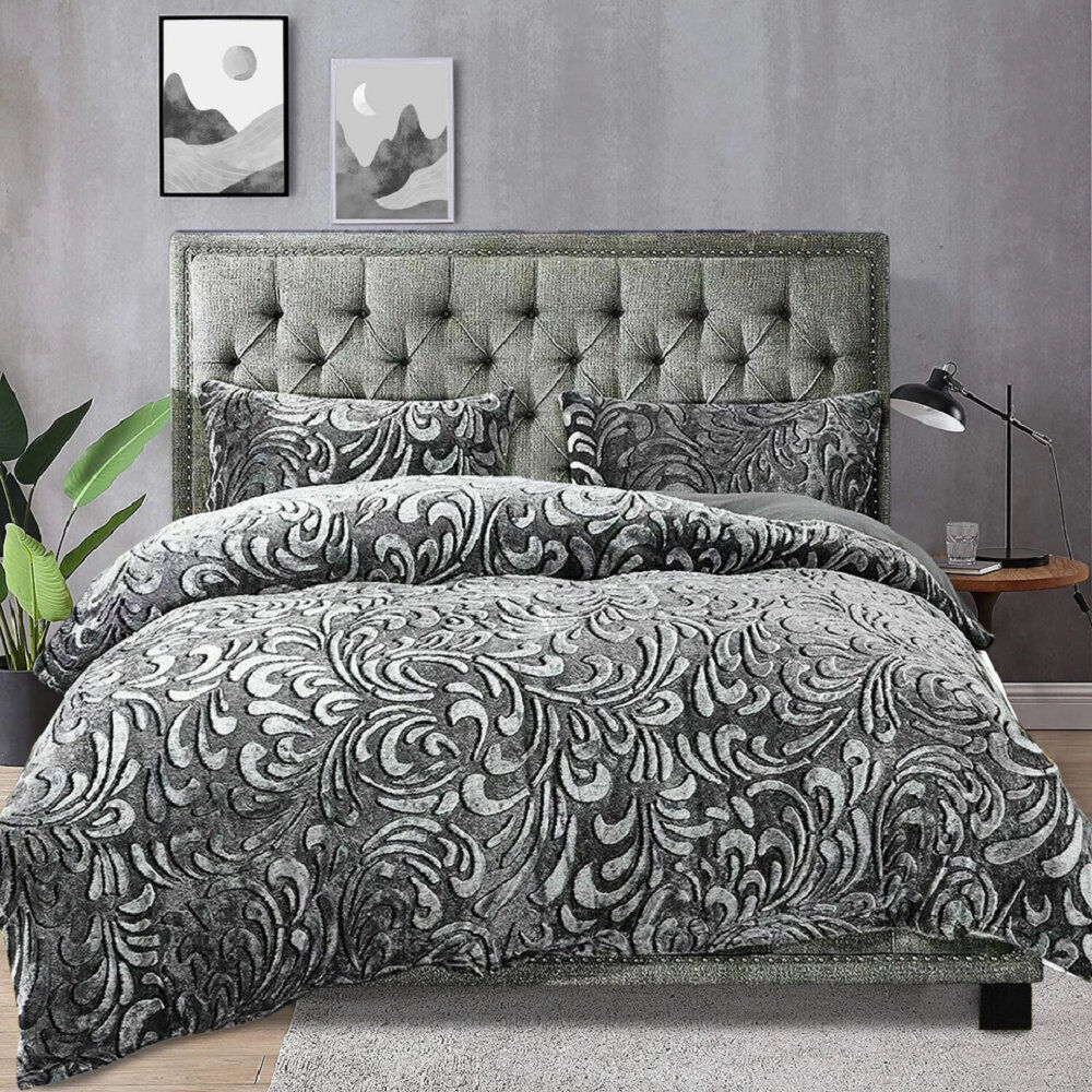 Household Furnishing Polyester Floral Duvet Cover with Pillowcases Included Silver/Grey Kingsize