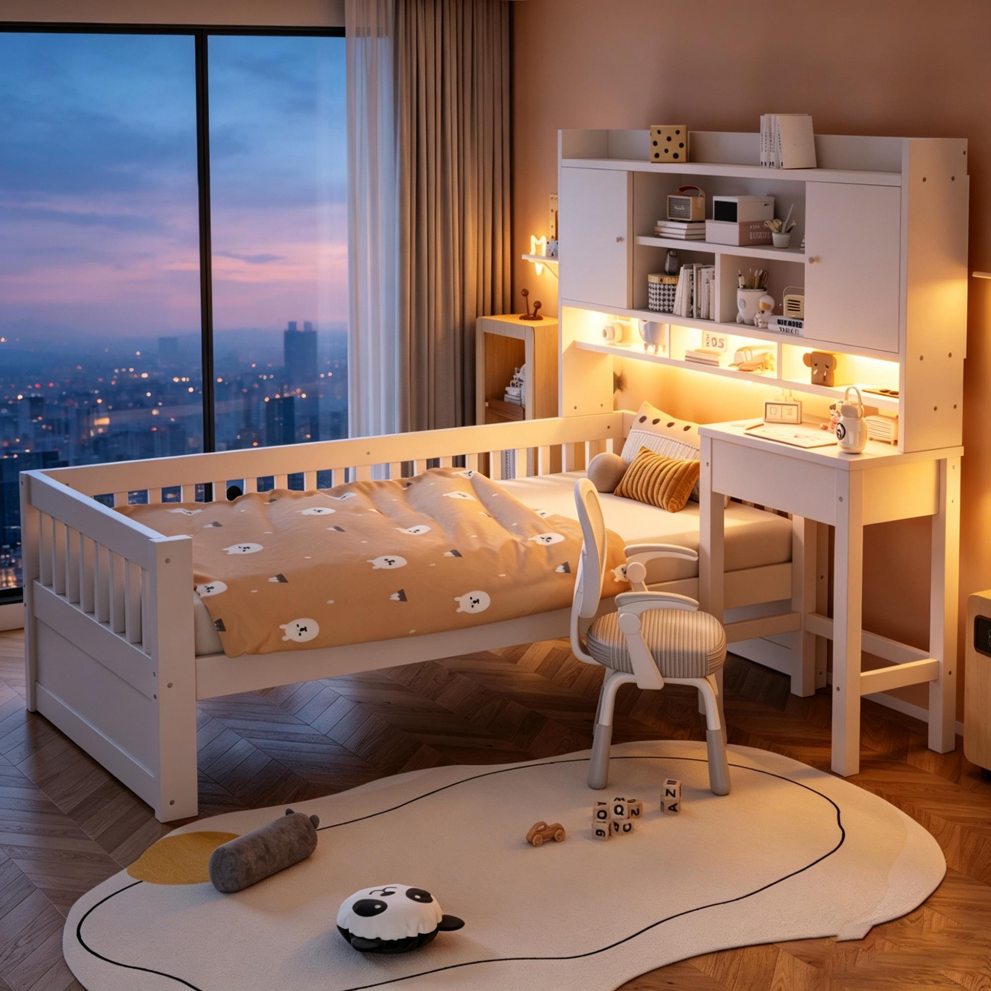 Merax Multifunktionales Kinderbett aus Holz 90x200cm mit Stauraum, Schreibtisch, Schubladen, LED-Beleuchtung, Steckdose und Sicherheitsgitter, Weiß