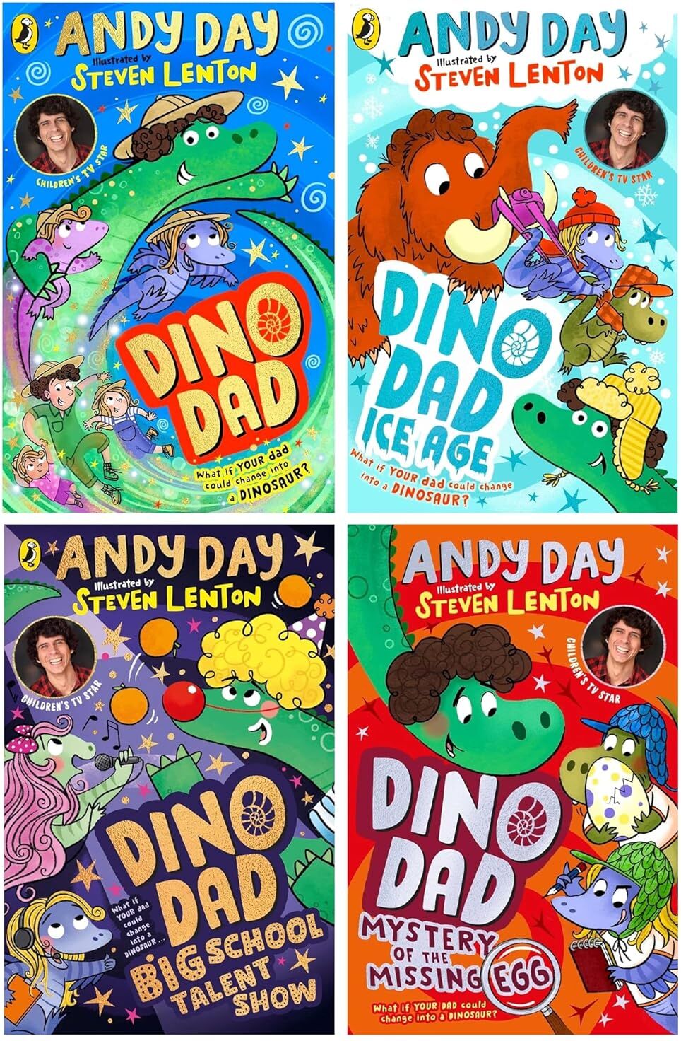 Puffin (Penguin Random House Children's UK) Dino Dad Series 4 Books Collection Set - Dino Dad, Ice Age, Big School Talent Show, Mystery of the Missing Egg - Andy Day - Paperback - Ages 5-8