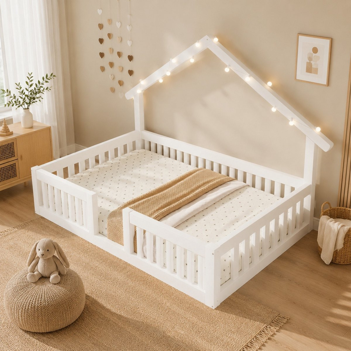 Mivray Kinderbed Huisbed met Uitvalbeveiliging en Led Verlichting - Wit - 90x200 cm