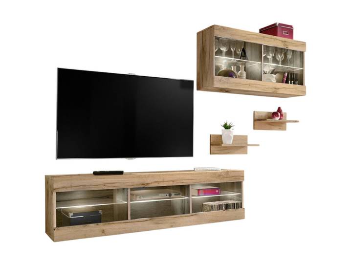 Komodee Wohnwand 4-er Set, Tivoli Set3 Wotan + Wotan, Offener Raum, Hellbraun, 5 Fächer, 240x195x35 cm, Wohnzimmer, Wohnwände