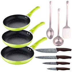 San Ignacio - 3-teiliges Bratpfannenset ø20/24/28cm aus gepresstem Aluminium mit 3-teiligem Küchenutensilienset und Messerset
