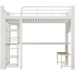 OKWISH Hochbett aus Metall, Weiß, 90x200 cm, mit Schreibtisch, Kleiderstange, Lochplatte und LED-Lichtleiste
