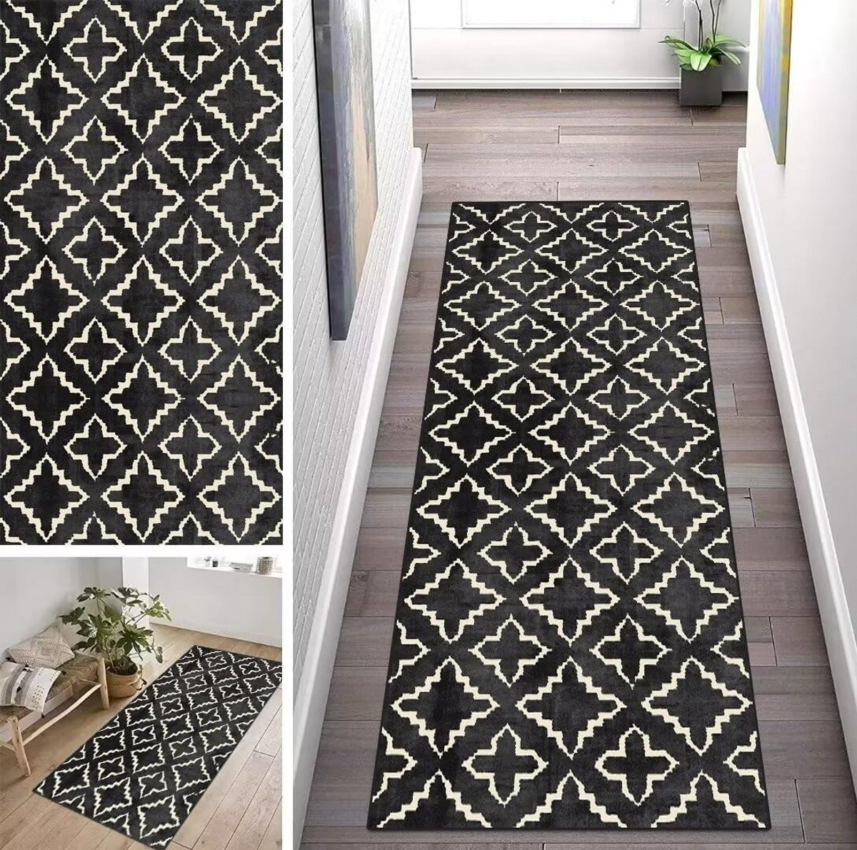 Abstract Antislip Loper Zwart - Wasbaar Polyester Gangtapijt voor Keuken, Hal en Woonkamer