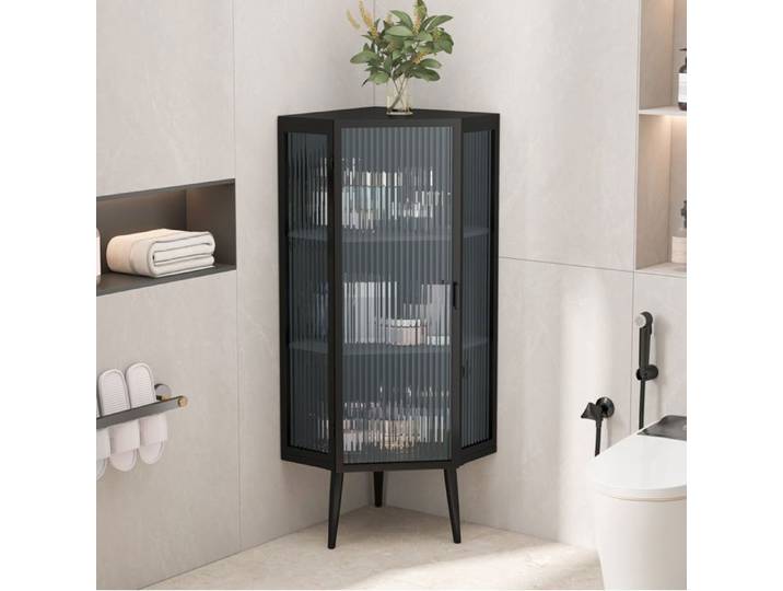 MEUBLIV Colonne d'angle 110 cm 3 niveaux verre trempé et métal noir