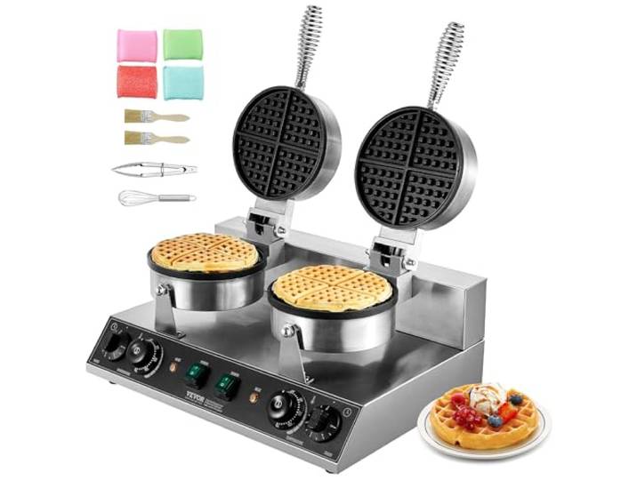 VEVOR Gaufrier Commercial 2460 W\, Appareil à Gaufre Ronde à Double Tête\, en Acier Inoxydable\, Antiadhésif\, avec Contrôle de la Température et du Temps\, pour Restaurant Boulangerie Snack Bar Famille