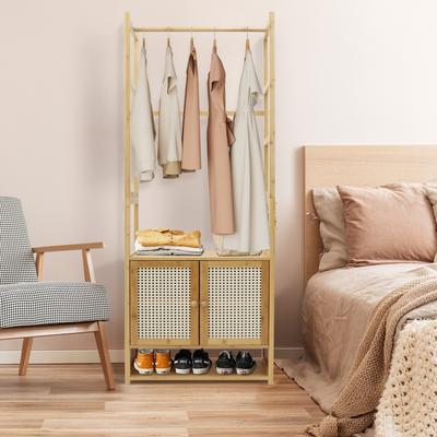 FATIVO Bamboo Clothes Rack Stand with Cabinet andShoe Shelf