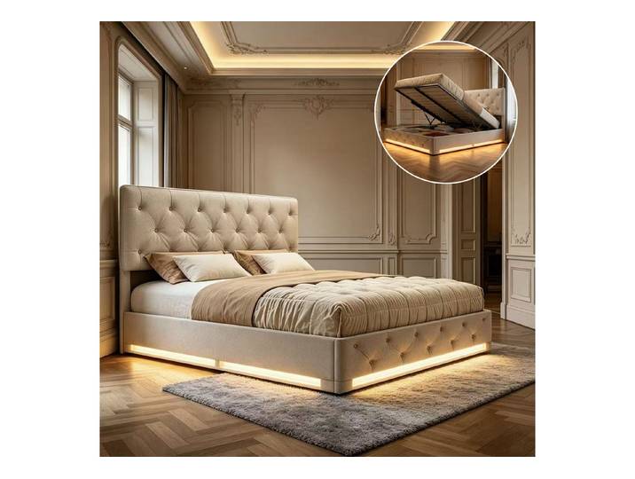 Simurq Polsterbett Doppelbett LED Licht 160x200cm, Hydraulisch anhebbarer Stauraumbett (LED-Licht, Modernes Jugendbett, Leises Design Bett), inkl. Lattenrost und Ladefunktion, Leinen