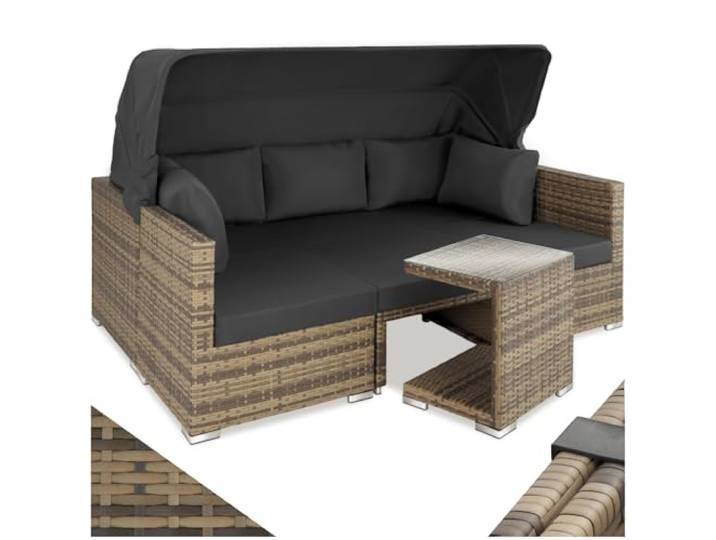 tectake® Rattan Sonneninsel Sitzgruppe, Alu Lounge Möbel Set inkl. Sofa mit Sonnendach, Hocker, Sesseln und Tisch, Outdoor Gartenmöbel, Loungemöbel Balkon & Garten, Terrassenmöbel, wetterfest - Natur