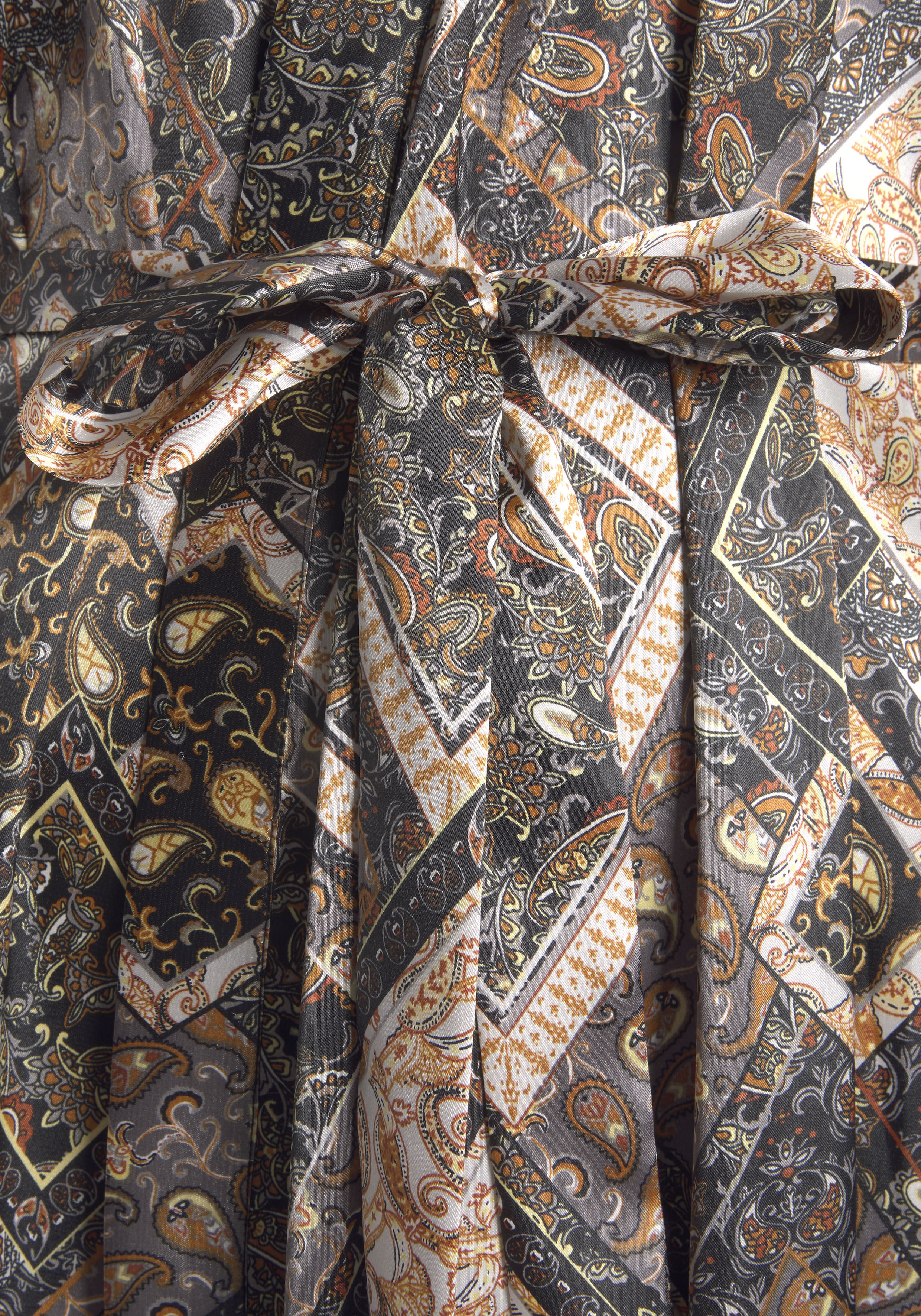 Kimono LASCANA, Damen, Gr. 36, gold (gemustert), Polyestermischung, gemustert, Langform, Hausmäntel Kimono, in edler Satin-Qualität gemustert 36