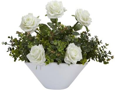 Nearly Natrual "16"" Roses and Eucalyptus Artificial Arrangement in White Vase"