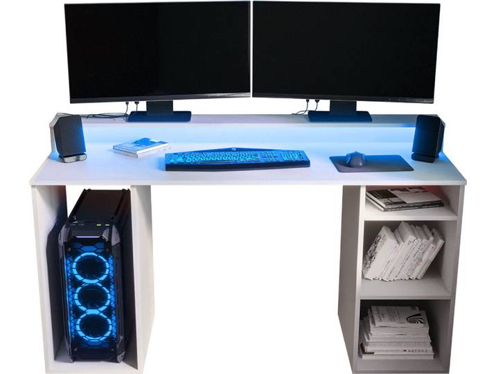 MIRJAN24 Gaming Schreibtisch Gamer 1, Computertisch mit Beleuchtung LED RGB, Monitor Regal, Gaming Stil (Farbe: Weiß)