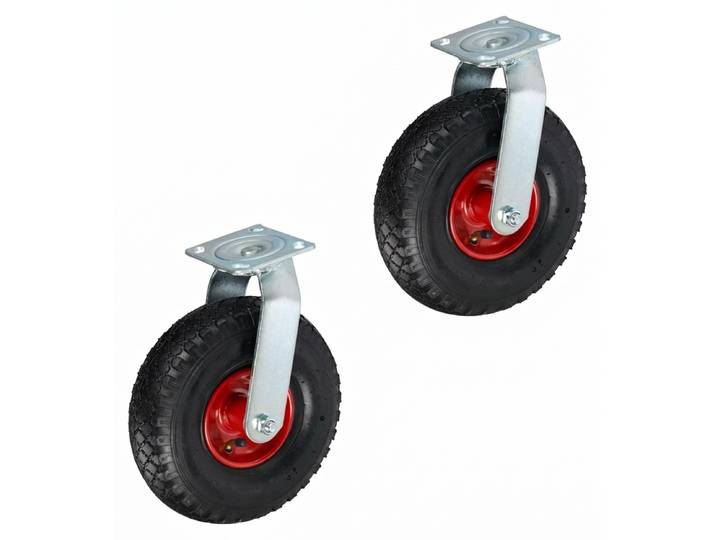 Relaxdays Lenkrollen 2er Set, luftbereift, 3.00-4, Schwerlastrollen, Platte zum Anschrauben, bis 240 kg, schwarz/rot