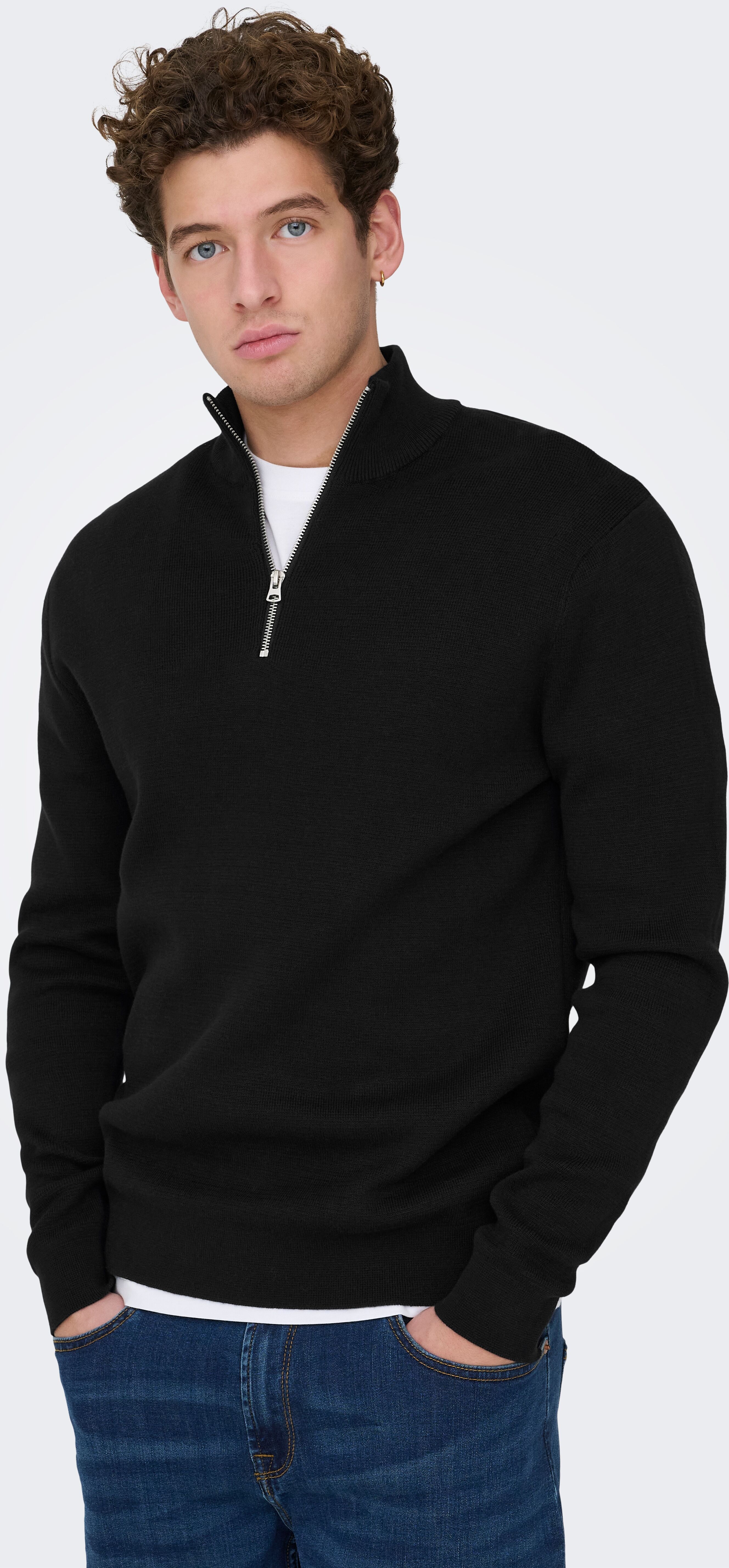 Troyer ONLY & SONS "ONSTING LIFE REG HALF ZIP KNIT NOOS", Herren, Gr. M, schwarz, Strick, Obermaterial: 100% Baumwolle, unifarben, regular fit normal, ohne Ausschnitt, Bündchen, Pullover Troyer, Baumwolle, regular fit schwarz M