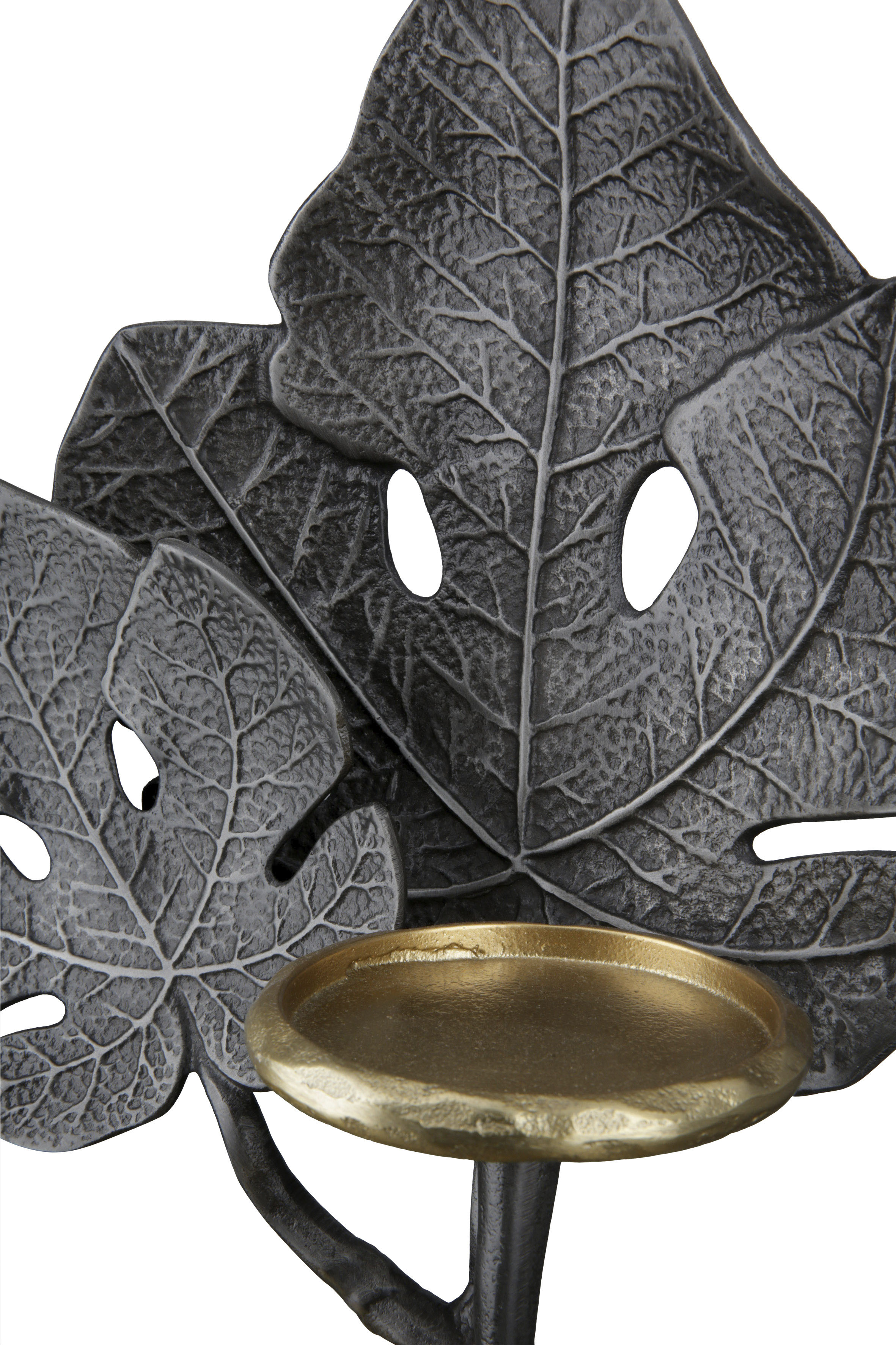 Kerzenleuchter GILDE "Leaf", grau (anthrazitfarben, goldfarben), B:25cm H:38cm T:10,5cm, Aluminium, Kerzenhalter, Kerzenleuchter, Kerzenhalter aus Aluminium, 1-flammig anthrazitfarben, goldfarben B/H/T: 25cm x 38cm x 10,5cm
