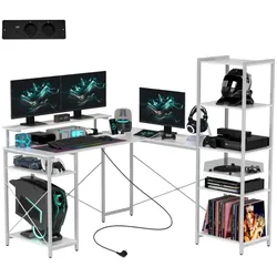 OKWISH Eckschreibtisch L Form Weiß 140x137x140 cm mit Regal und Monitorständer mit Steckdose sowie USB und Type C Anschlüssen