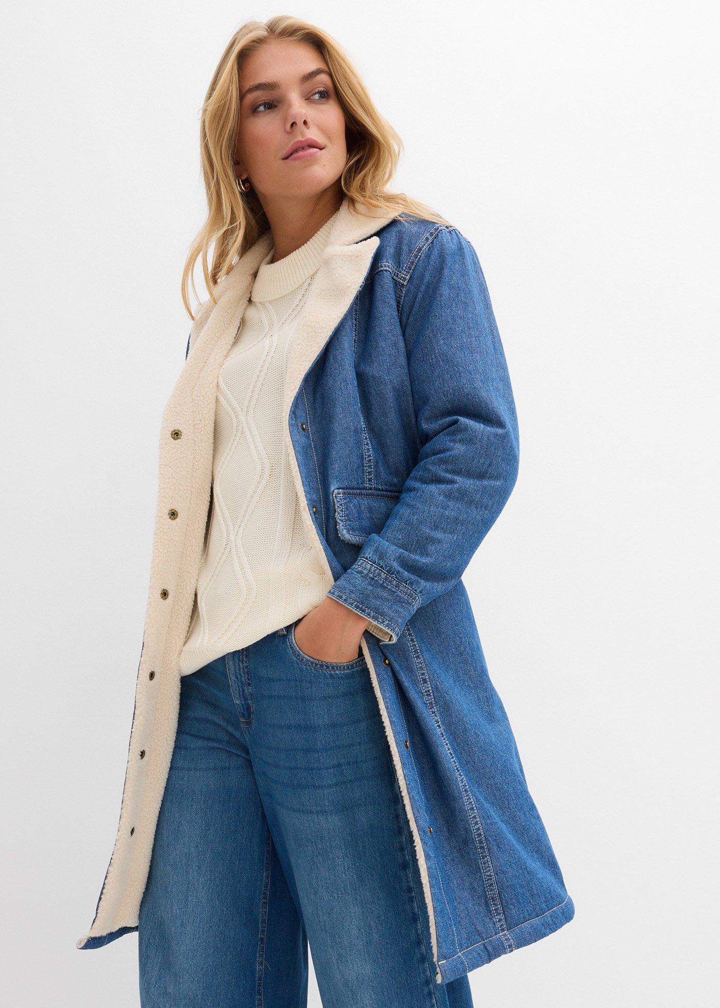 bonprix Denim-Wintermantel warm gefüttert mit Teddy, blau, Gr.48, Denim-Wintermantel, warm gefüttert mit Teddy, aus 100% Baumwolle