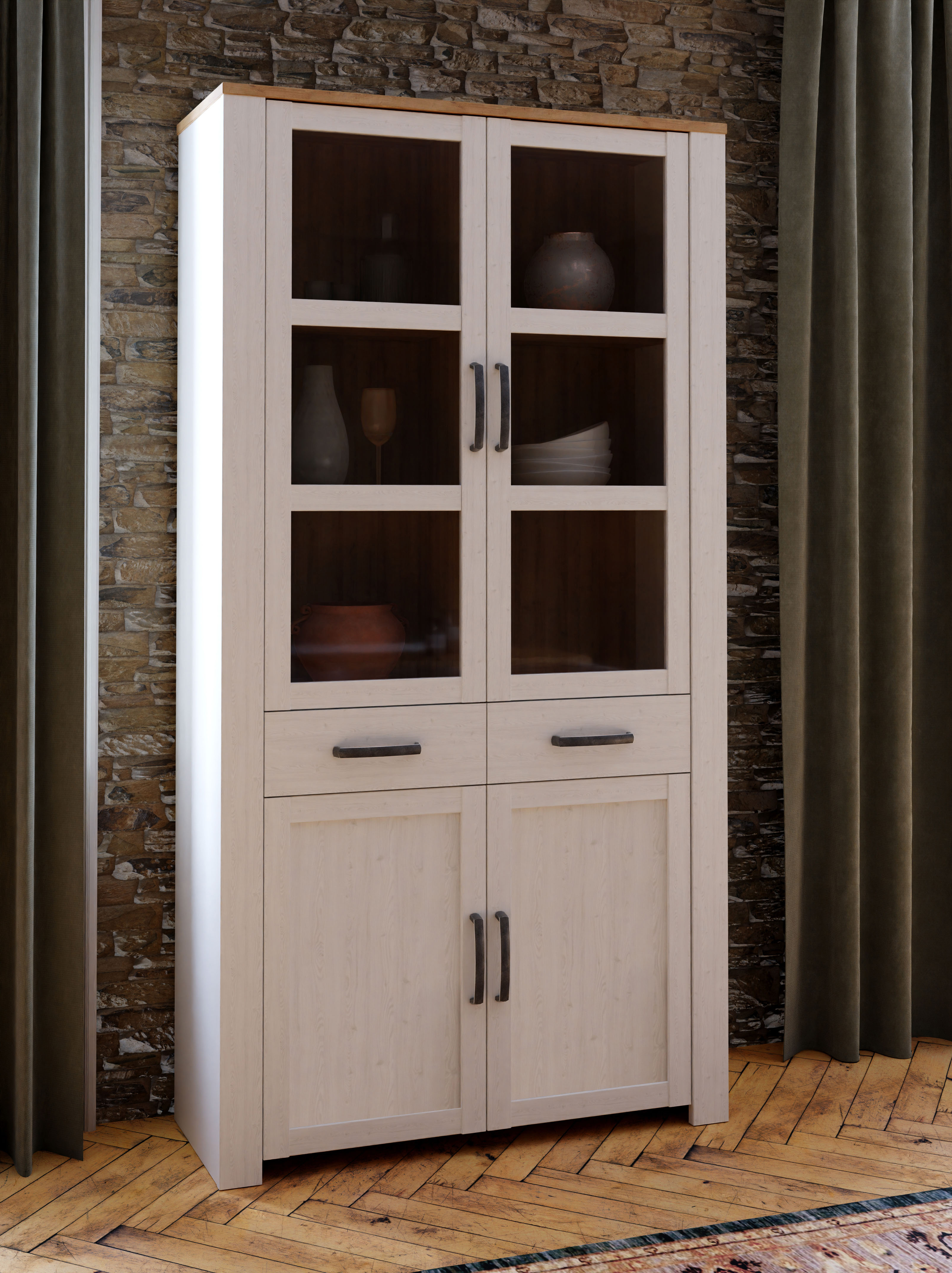 Highboard FORTE "Bohol, Vitrine mit Glastüre, viel Stauraum", weiss (riviera eiche, sibiu lärche hell), B:106,4cm H:205,4cm T:42cm, Glas, Spanplatte, Sideboards, Highboard, B/H/T 106,4/205,4/42 cm Beleuchtung optional bestellbar riviera eiche, sibiu lärch