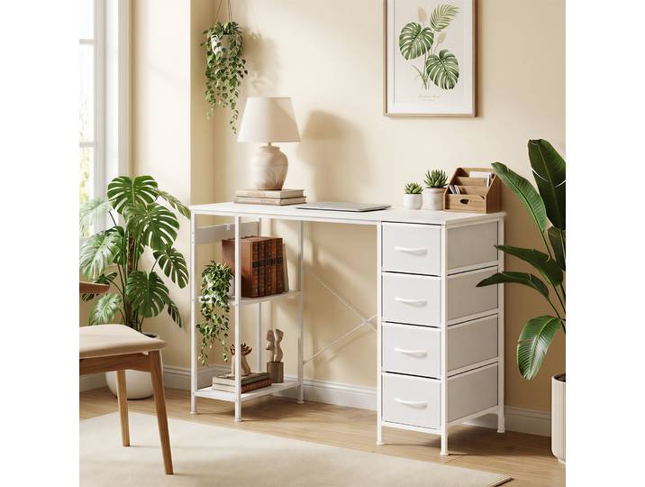 HOMCOM Bureau Métal Blanc 4 Tiroirs Tissu Étagère Ouverte