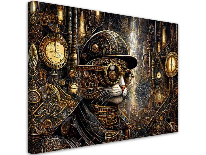 Feeby Leinwandbild Fantastische Katze im Steampunk-Stil 100x70cm, Goldfarben, Tiere, Rechteckig, 100x70 cm, Bilder & Rahmen, Bilder, Leinwandbilder