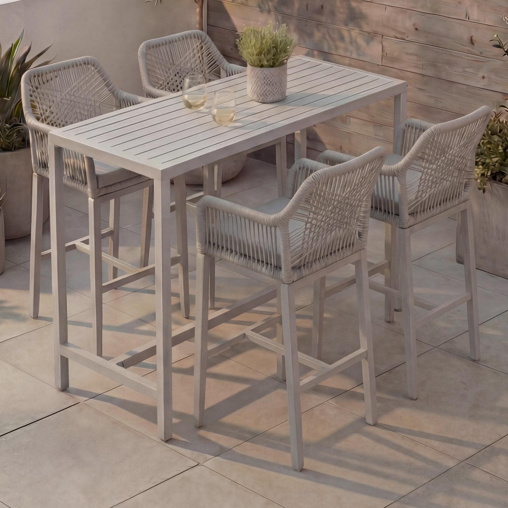 Set Bartisch + 4x Barhocker MCW-P91, Barstuhl Stehtisch, Outdoor Sitzpolster Seilgeflecht Metall ~ hellgrau