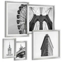 BILDER SET 5er Set - 50x50 cm & 20x30 cm & 40x60 cm Silberner Rahmen - Architektur Schwarz-Weiß-Minimalismus