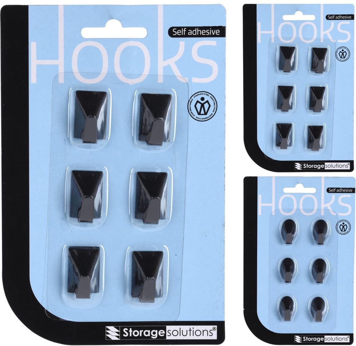 Set van 6 zwarte RVS plakhaakjes