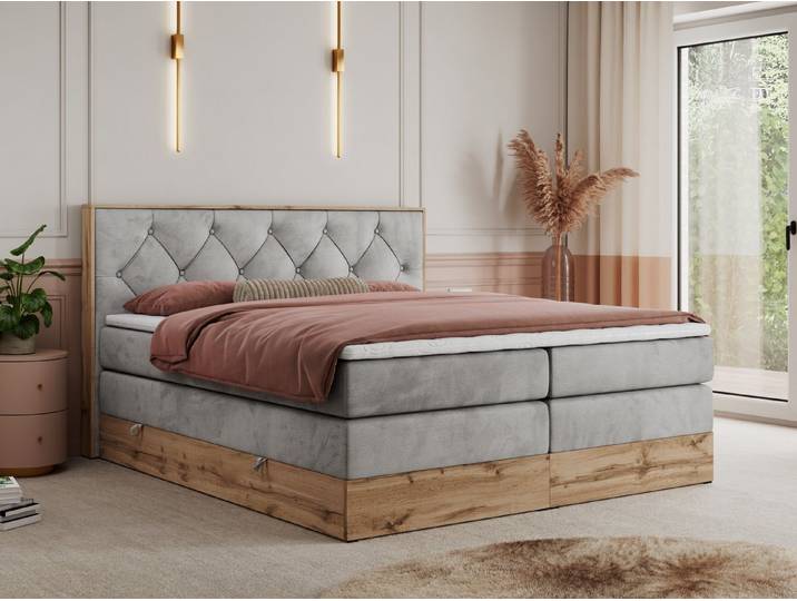 MKS MÖBEL Boxspringbett VENETO KING (Doppelbett, Multipocket-Matratzen, Topper T25/Visco, T30-Schaum), zwei Bettkästen und Rahmen in Eichen-Optik, Schlafzimmer, Polsterbett