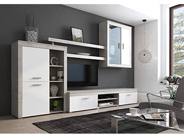 Dmora Wohnzimmerwandsystem, TV-Schrank, Regale und Vitrine, Komplettes modernes Wohnzimmer, Made in Italy, 293x50h144 cm, Weiß und Zementfarbe