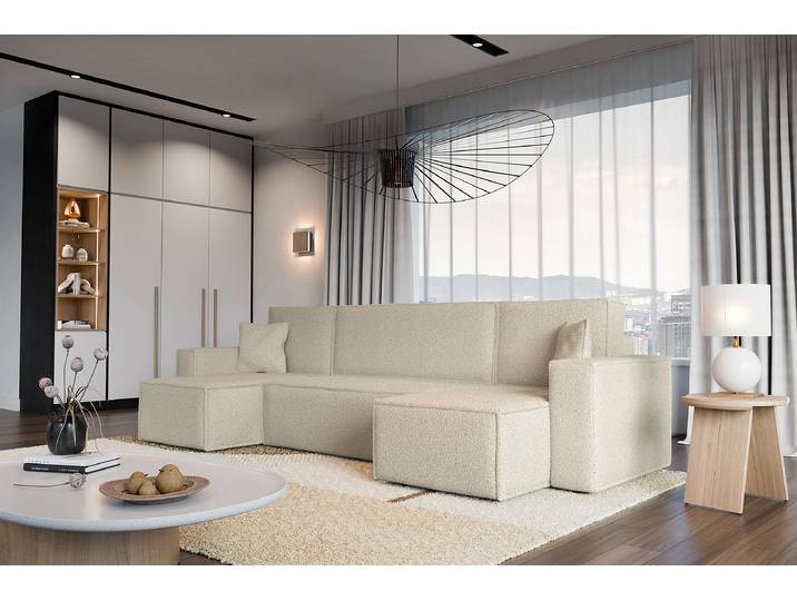 Wohnlandschaft GONDHI Weiß Teddystoff Quila 312 x 82 x 145cm Longchair beidseitig montierbar Modern