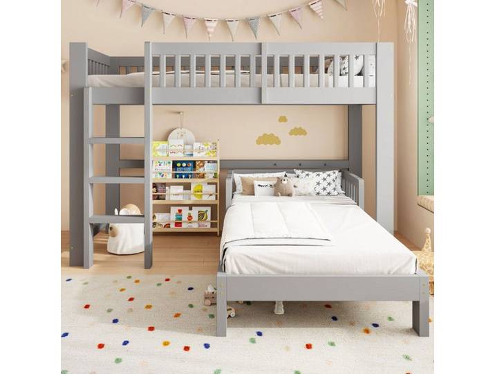 Piaenon - Lit superpose enfant 90x200 cm modulable 2 lits separables barriere et coins arrondis - Bois - Gris