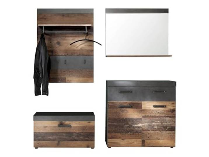 trendteam smart living - Indy - Garderobenkombination - Eiche/Grau - Garderobensitzbank, Garderobenpaneel, Garderobenschuhschrank, Spiegel - (BxHxT) 185 x 192 x 37 cm - antikfarbene Griffe