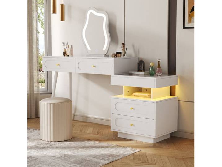WOVREO Coiffeuse blanche 140x40x130 cm avec miroir LED tactile 4 tiroirs et niche ouverte