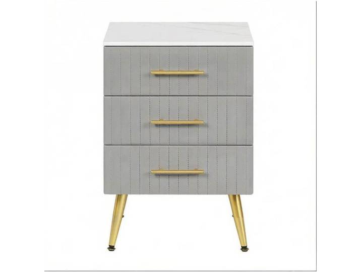 Modfu Nachttisch aus MDF mit Samt 41x40,5x62 cm Grau mit 3 Schubladen und goldfarbenen Metallbeinen, 62x41x40.5 cm, Schlafzimmer, Nachtkästchen