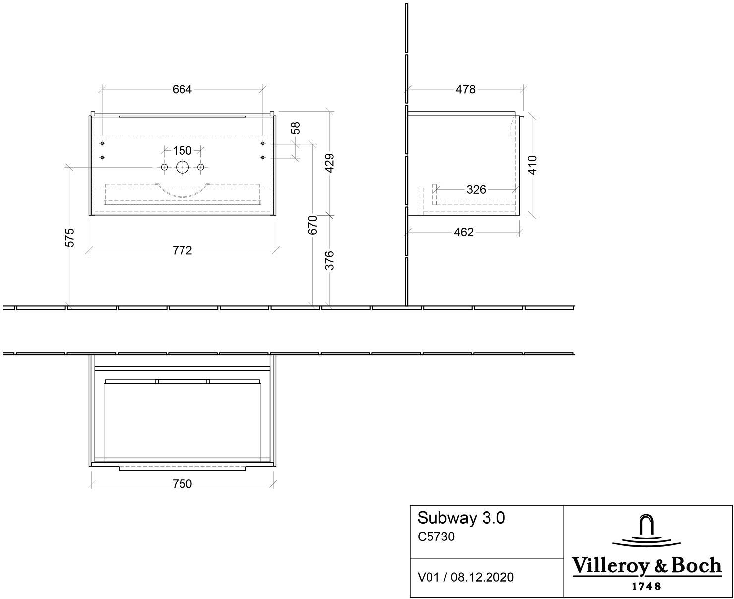 Villeroy & Boch Subway 3.0 Badmöbel-Set 80 cm, Griff in Möbelfarbe, 1 Auszug