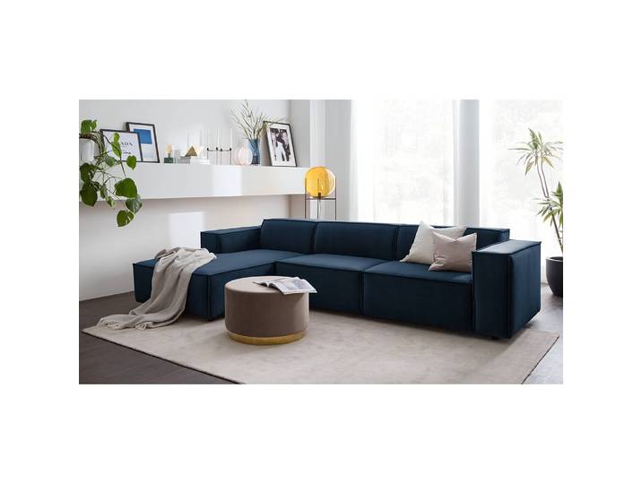 Ecksofa mit Longchair Blau/Dunkelblau Samt Shyla 294cm Longchair davorstehend links Keine Funktion Glamour