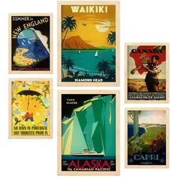 POSTER Set Mit 6 Strände & Kreuzfahrten Vollfarbige Illustrationen Von Vintage Tourismus Werbetafeln Aus Der Ganzen A3 & A4 Rahmen Aus Hellem Holz