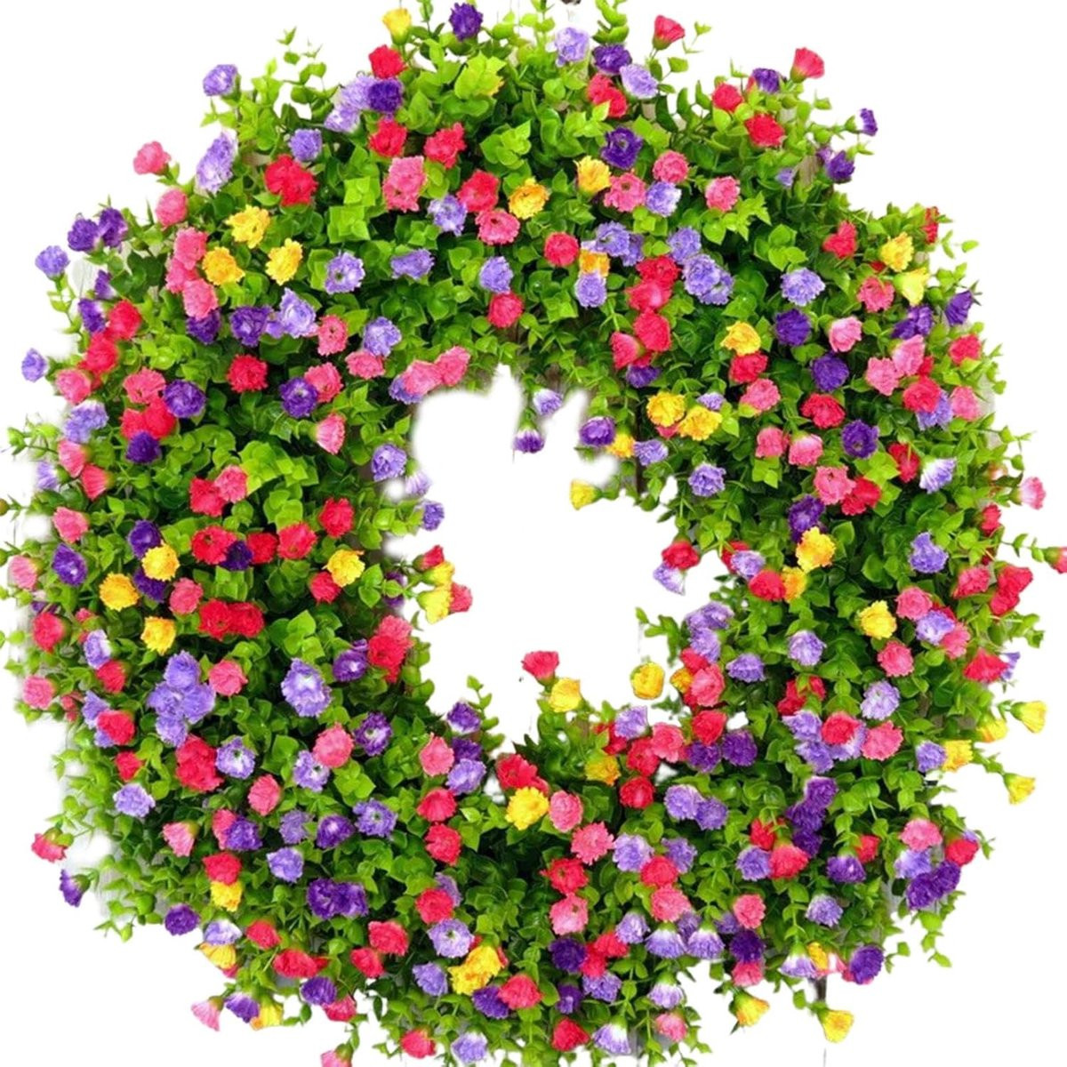 Handgemaakte kunstbloemenkrans Groen Multicolor - Seizoensdecoratie voor lente en zomer - Diameter: 38,1 cm