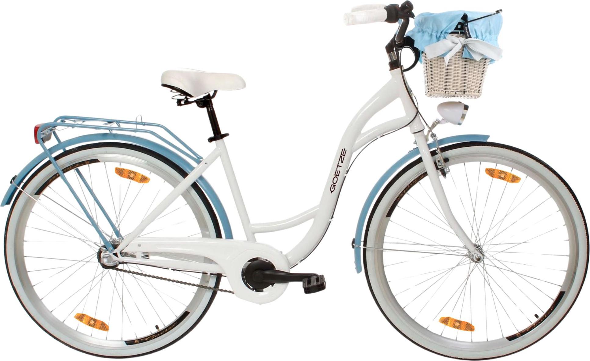 Goetze Style 28 Zoll City Bike, 18 Zoll Stahl Tiefeinsteiger, 3-Gang Shimano Nexus, Rücktrittbremse & V-Brake , LED-Beleuchtung, Rattankorb
