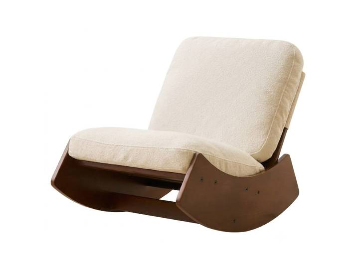 Fauteuil à bascule rétro en corduroy beige, cadre en bois massif