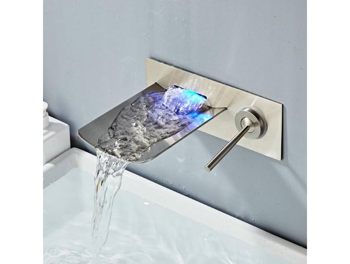 Robinet d'évier de salle de bains mural en Nickel LED, mitigeur cascade, robinet de bain, contrôle de la température, robinet LED chromé noir fini
