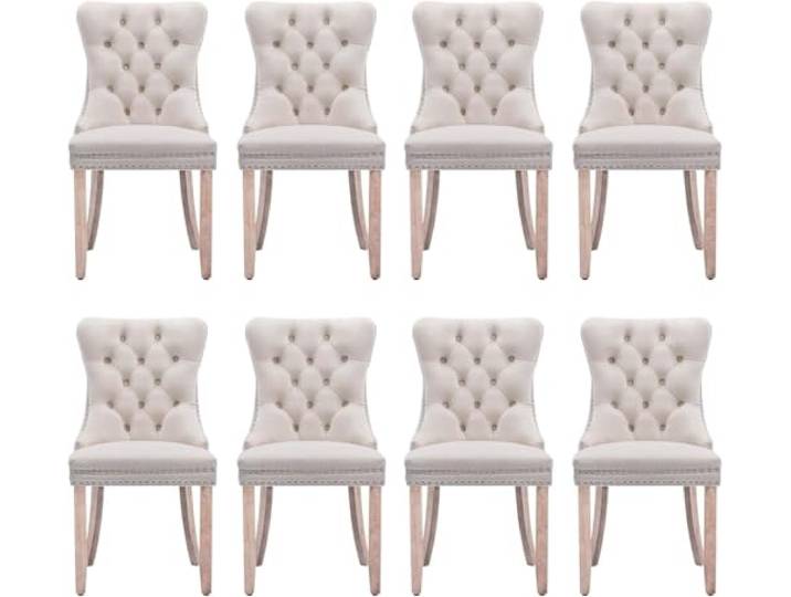 SoarTalent 8er Set Esszimmerstühle Samt gepolstert Nagelkopf, Beige Samt gepolstert, Nagelkopfbesatz, Massivholzbeinen, Metall-Ziehring, für Esszimmer & Wohnzimmer