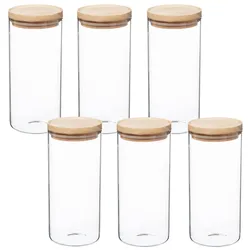 Wellhome - Set mit 6 Glasbehältern und Holzdeckel, 1,3 L in Beige