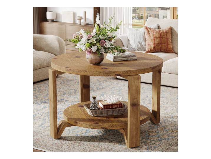 Tribesigns Couchtisch Massivholz Runder Couchtisch, 80 cm Wohnzimmertisch mit Ablageflächen