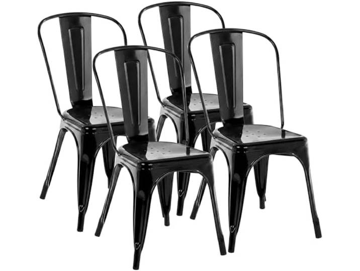 CLP Stapelstühle 4er Set Metall mit Lehnen Benedikt, Bistrostühle stapelbar für Gastronomie und Küche, Design-Stühle robust belastbar bis 200 kg Farbe schwarz