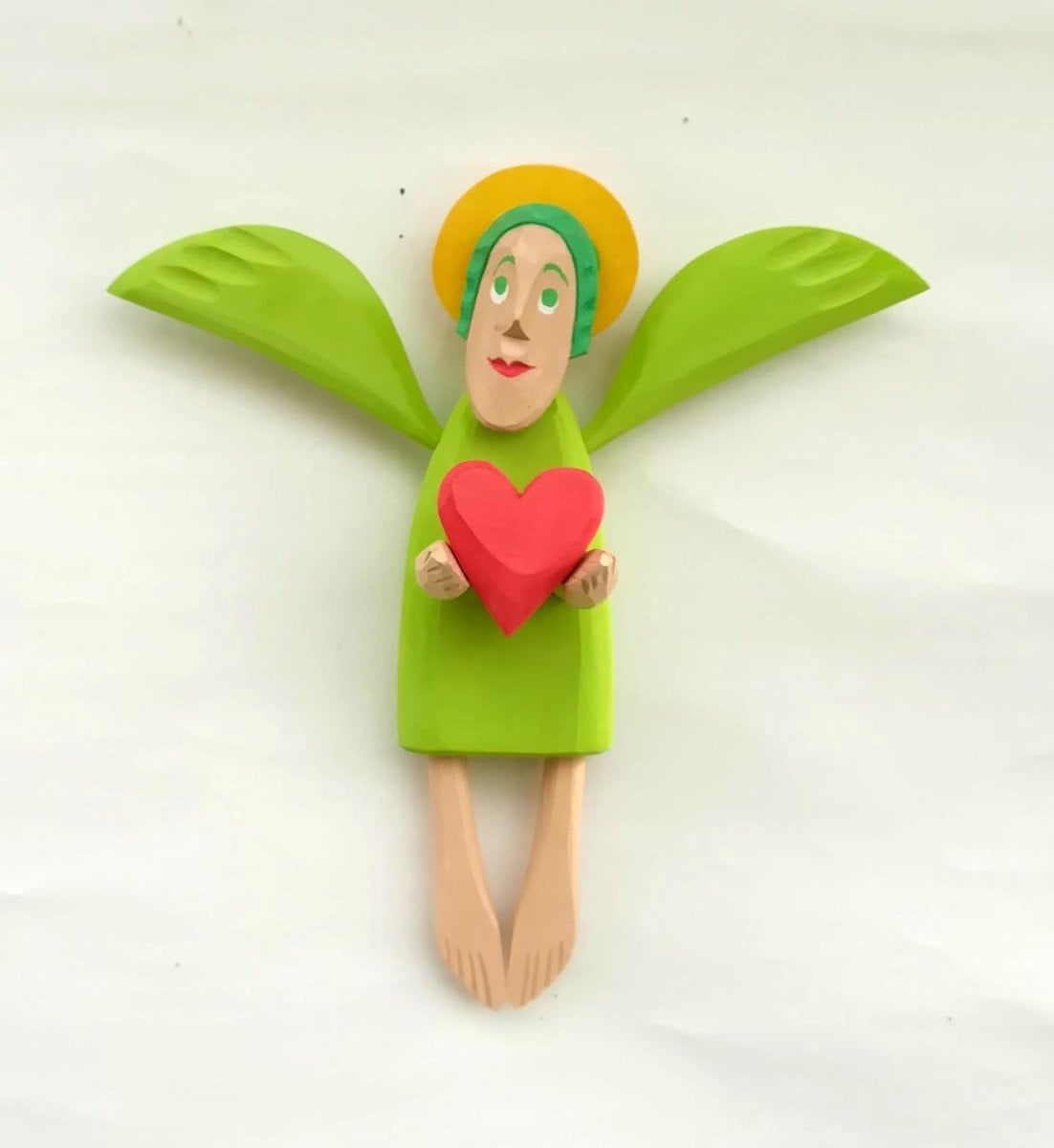 Handbeschilderd houten engel figuur decoratief beeld groen Hoogte: 40 cm