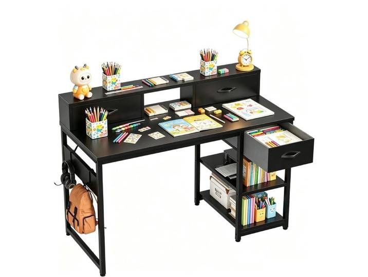 Petit Bureau d'Étudiant avec Tiroirs et Étagère 120x50cm Noir BUREAU